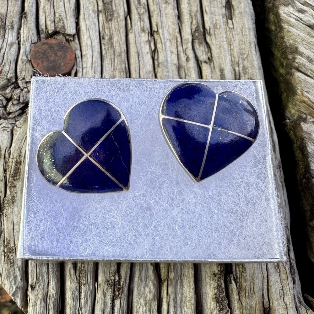 Southwestern Inspired Sterling Silver and Lapis Heart Earrings - Post Style